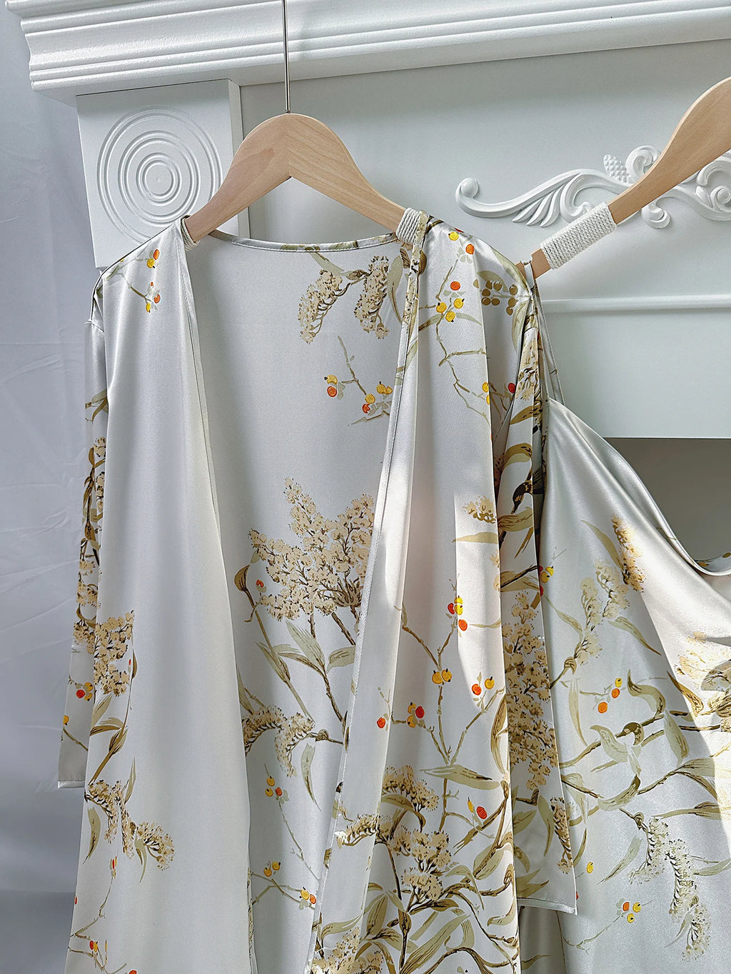Floral Print Pajama Set Long Sleeve Robe With Belt   V Neck Slip Dress  Women's Sleepwear  Loungewear