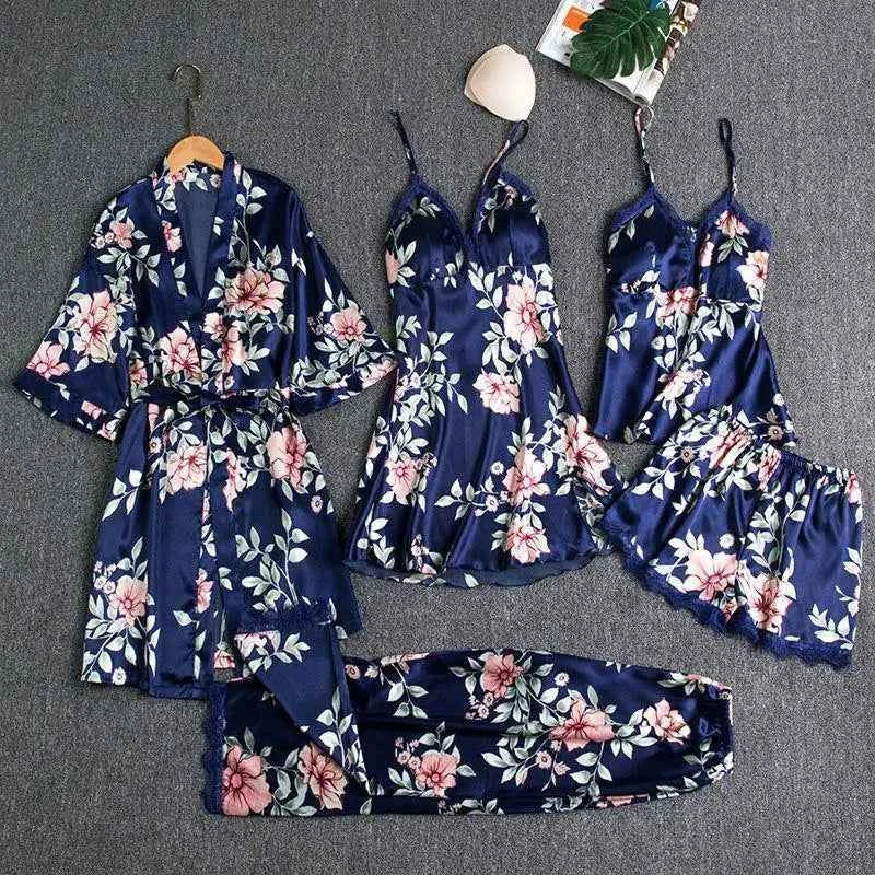 Customizable Sleepwear Female 5PCS Pajamas Set Satin Pyjamamas Lace Bridal Wedding Nightwear Rayon Home Wear Nighty&Robe Suits