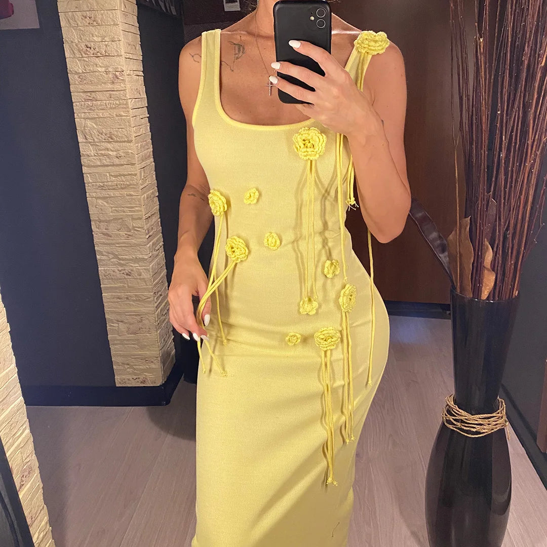Beachwear Cover-ups Knitted Beach Dress Women Vacation Fashion 3D Flower Slim Holiday Outfits Summer Maxi Party Dresses V6181