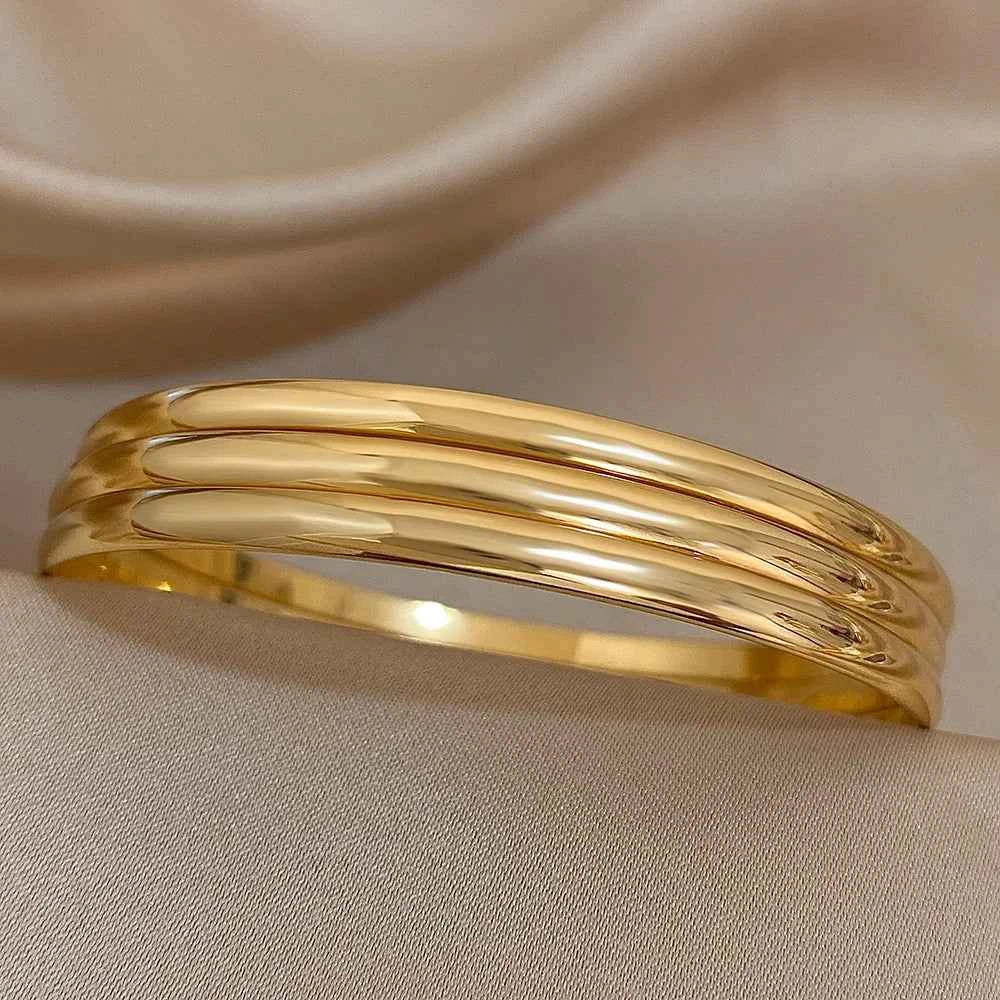 3pcs Glossy 18K Gold Plated Stainless Steel Bangle Bracelet for Women Minimalist Basic Wristband Bangles Waterproof Jewelry