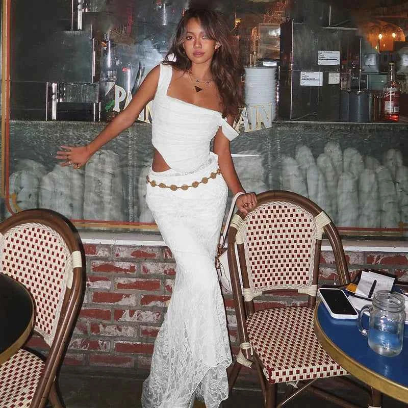 Suninheart Elegant Women 2 Piece Dress Set 2023 Maxi Wedding Guest Dress Lace Up Crop Top and Maxi Skirt Set Formal Event Dress
