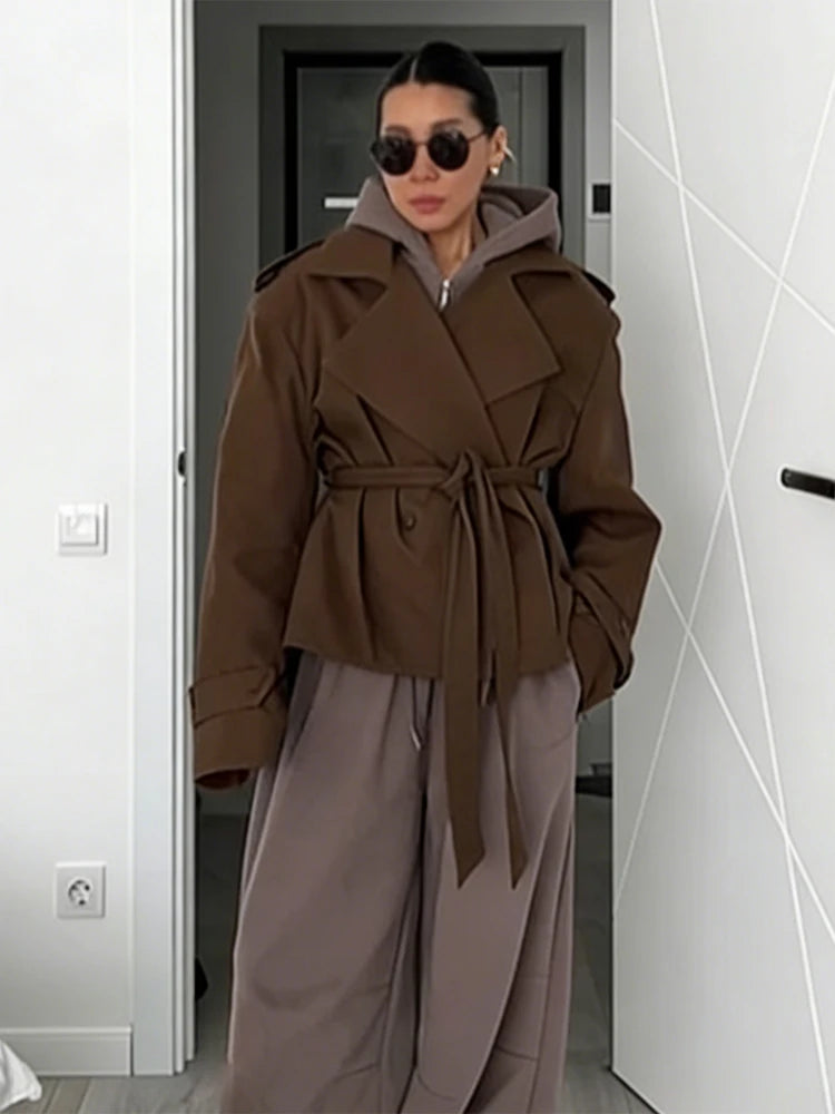 Cropped Lace-up Blue Casual Trench Coat Women Lapel Long Sleeve Wide Shoulder Windbreaker Jacket Fall Commute Daily Streetwear