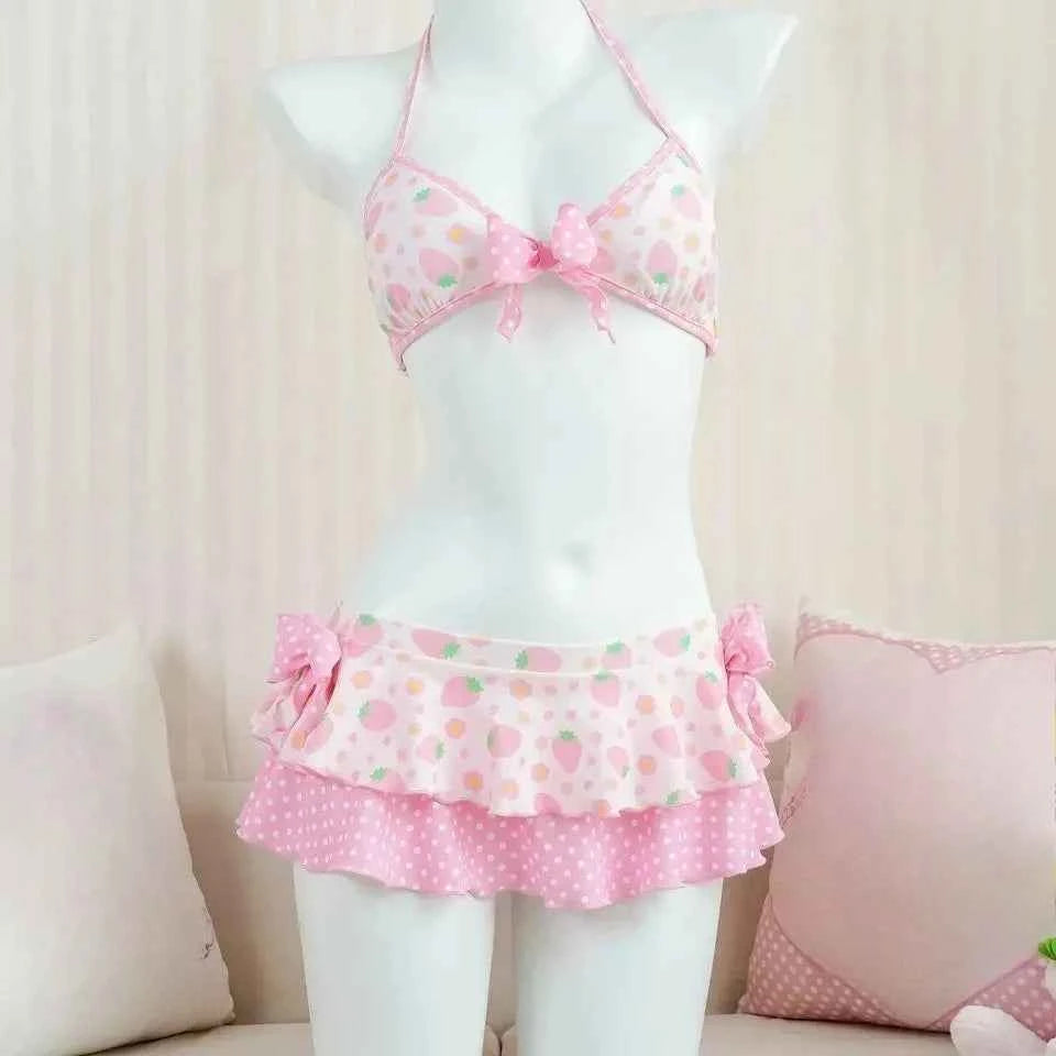 2026 Y2K Summer Sweet Pink White Dot Sets Lovely Cherry Decor Sexy Lace Trim Style Casual Bikini Swimsuit Beach Holiday Wear