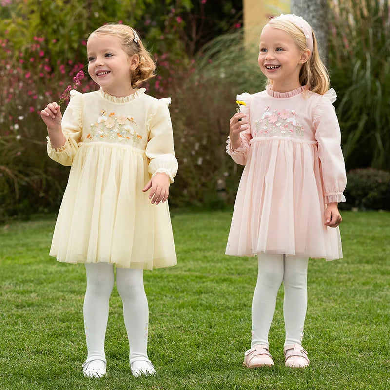 Dave Bella Princess Dress for Girls Baby Children 2025 Spring Long Sleeved Charm Mesh Embroidery Floral Gentle Cute DB1250434