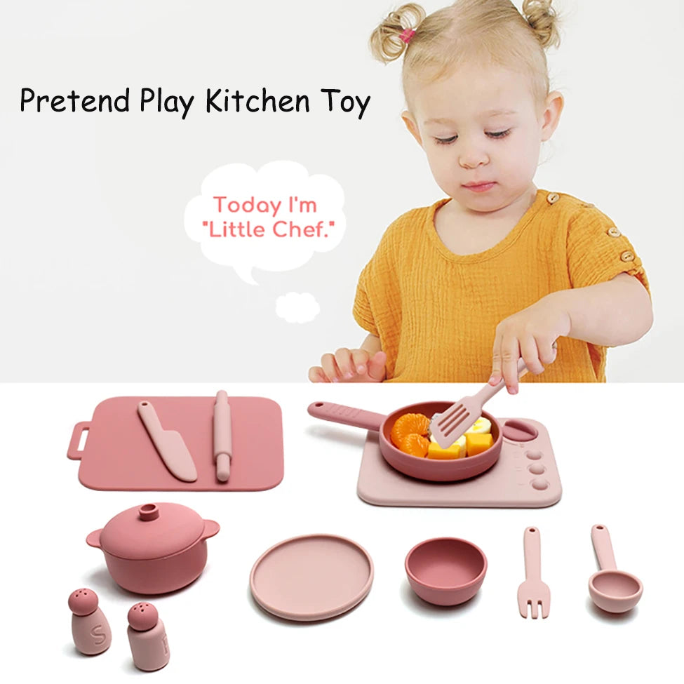Kids Pretend Play Kitchen Toys, Food-Grade Silicone Dish Set, Realistic Mini Cooking Toys with Bowls, Plates, Pots for Toddlers