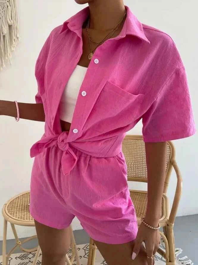 Women's Cotton Suit  Short Sleeve Casual Elegant Green Soild Two Piece Set Women Outfit Suit Shorts and Shirt for Women