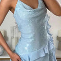 Glitter Flounce Mini Dress Woman Cinched Waist Sleeveless A-Line Halter Dresses Sexy Chic Women's Fashion Summer Short Dresses