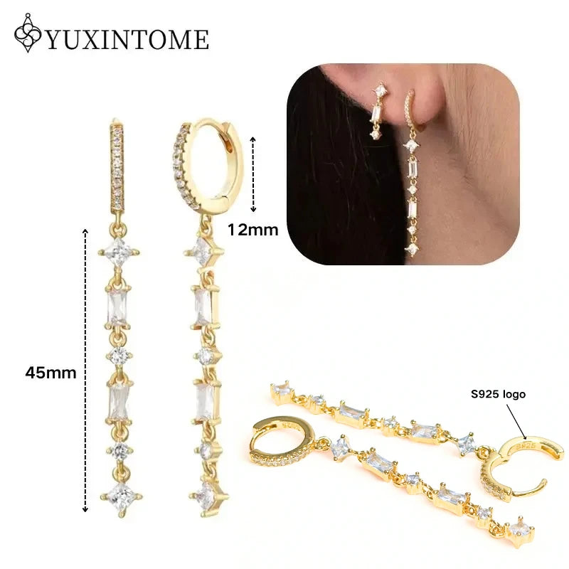 Women's 925 Sterling Silver Ear Needle Crystal Zircon Water Droplets Stud Hoop Gold Huggie Earrings Premium Luxury Party Jewelry