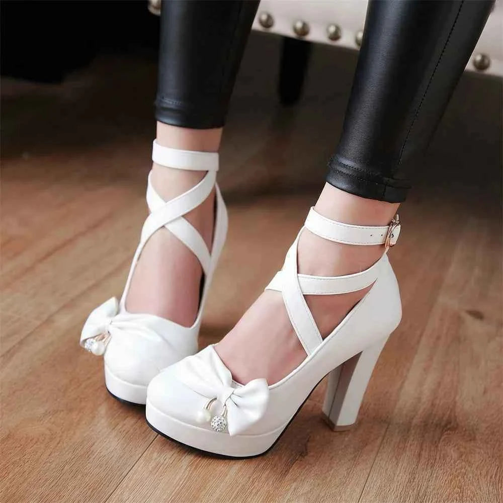 High Heels Women 2025 Trend Chunky Heels Platform Lolita Mary Jane Elegant Party Korean Shoes Dress White The Glossy Fashion