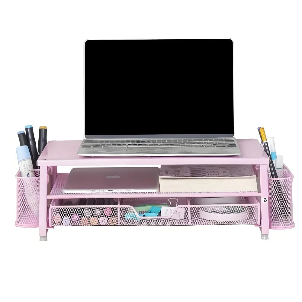 2-Tier Desk Organizers and Accessories, Pink & Black Computer Monitor Stand with Drawer, Pen Storage & Tablet Phone Holder