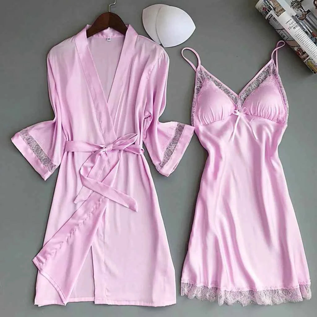 2pcs Women Pajamas Suit Silky Satin Nightgown Nightdress Set Lace Patchwork Lace-Up Women Bathrobe Sleepwear Set