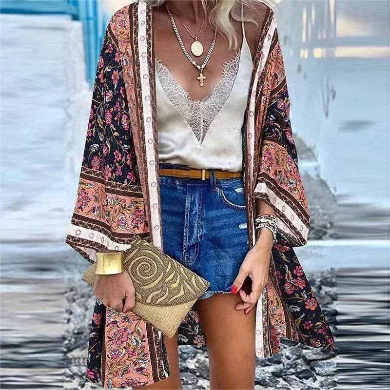 New Summer Bohemian Beach Printed Cardigan Jacket Long Sleeve Leisure Holiday Beach Swimsuit Blouse Shawl Long Coat M-5XL