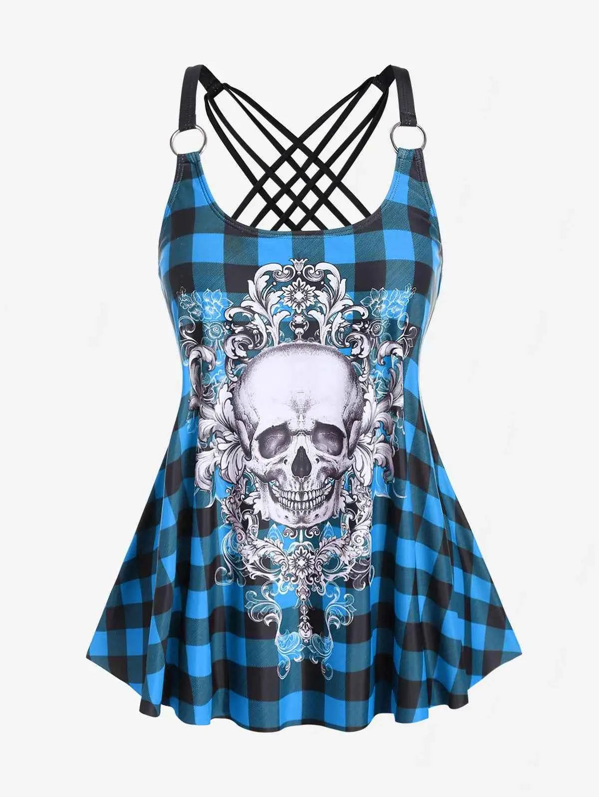 Rosegal Womens Tankini Swimsuit Set Plus Size Modest Skull Plaid Rings Crisscross Boyshorts Swimmwear