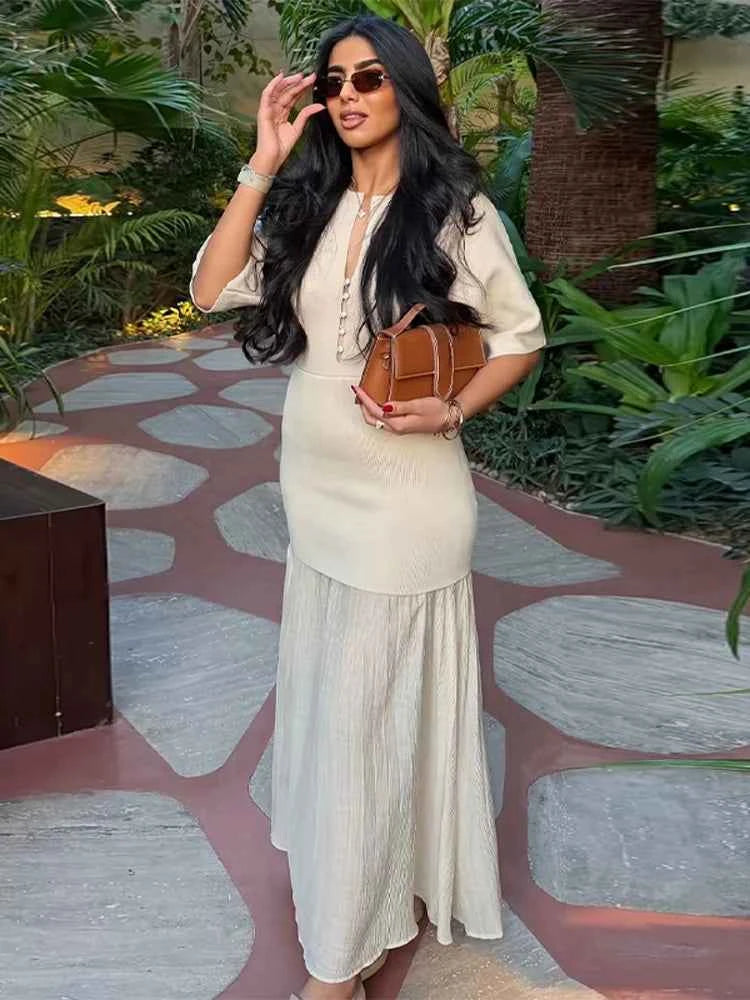 Elegant Women Patchwork Long Dress Short Sleeve O Neck Button A-Line Dresses Spring Summer Vintage Beach Vacation Casual Robes