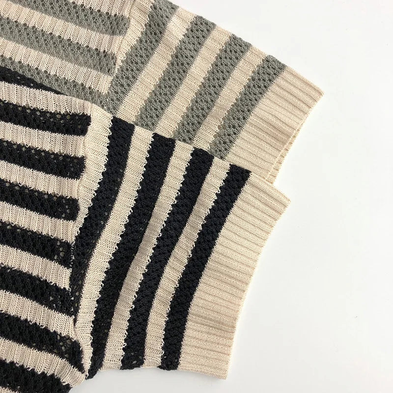 Spring and Summer Japanese Korean 1-6Y Children's Hollow Knitted Shirts Stylish Girl's Boy's Striped Short Sleeved T-shirts