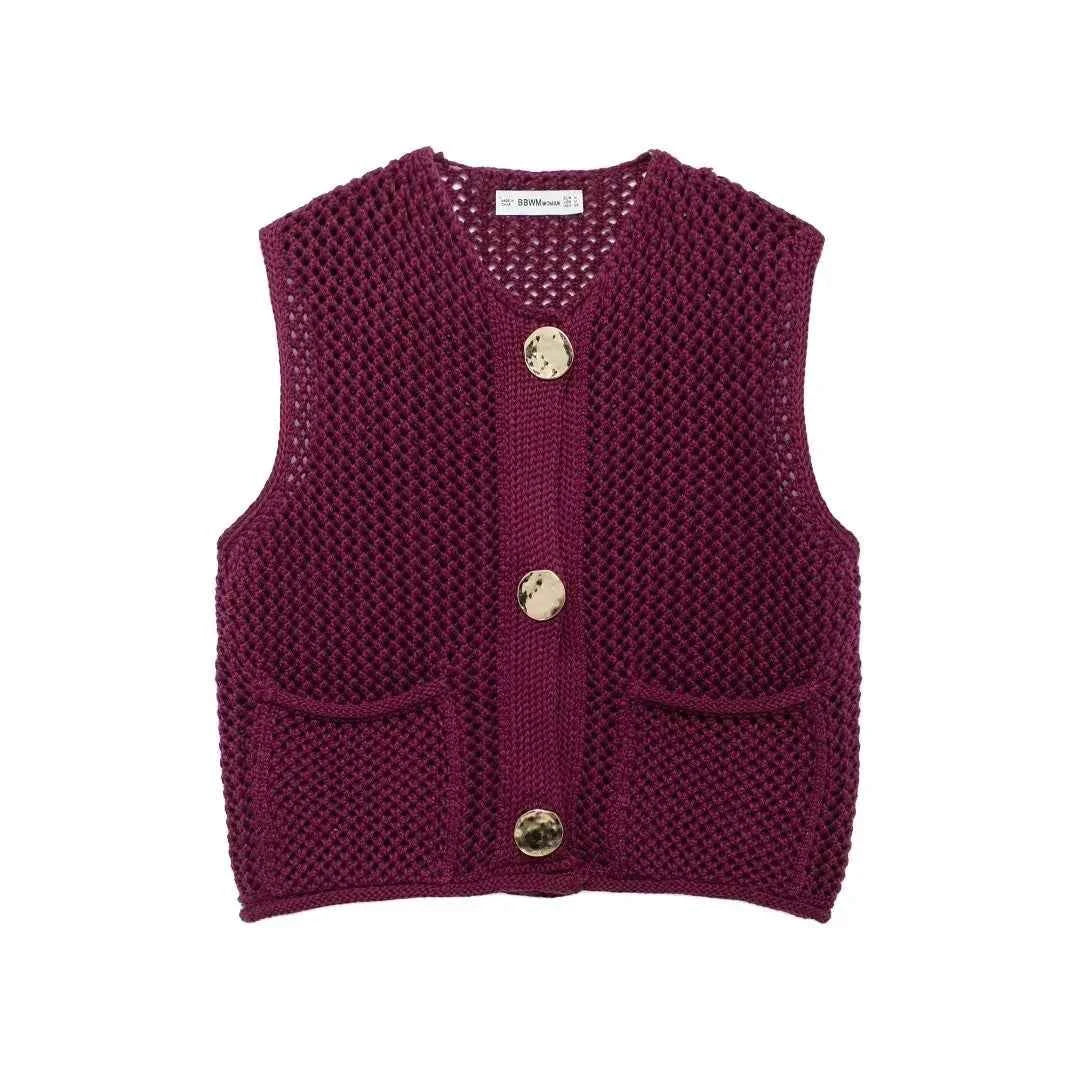 Women Fashion Sleeveless Coarse Needle Knitting Vest Sweater Female Chic Big Pockets Patch Buttons Cardigan Waistcoat Tops