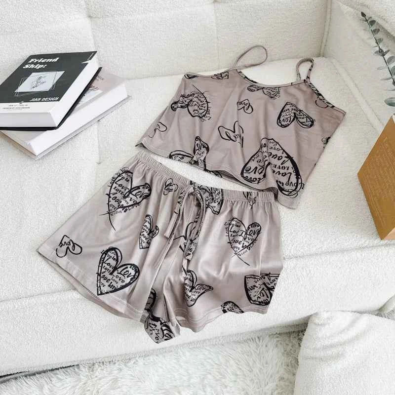Women Casual Pajama Ladies Sexy Sleepwear Print Round Neck Ice Silk Top T-Shirt and Shorts Sets Breathable Comfortable Home Wear