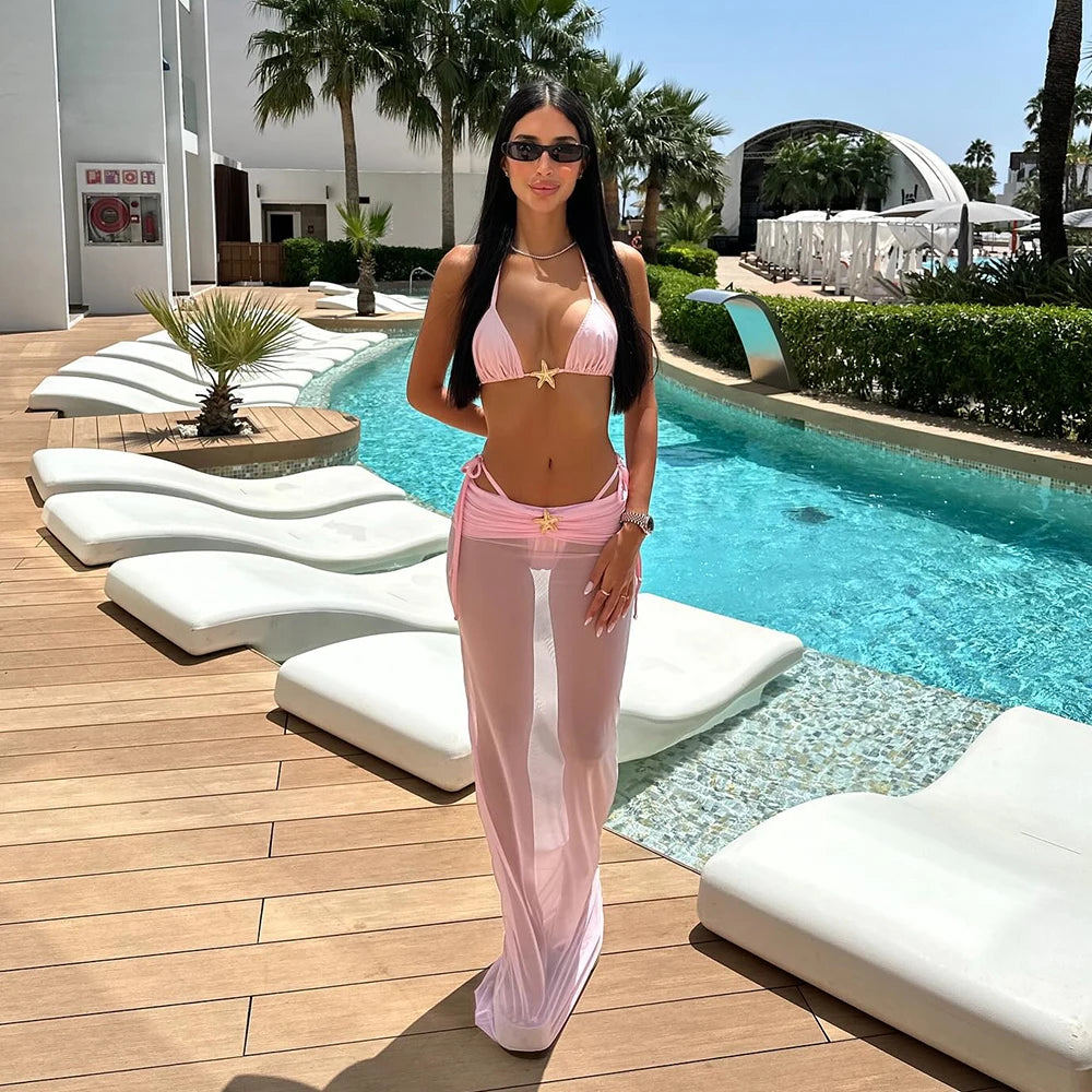 Sexy 3 Pieces Bikini Set Push Up Bikinis Women Swimsuit Female starfish Swimwear Long Skirt Bathing Suit Beachwear Cover Up