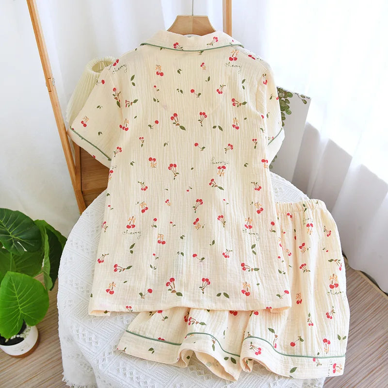 2024 New Summer Autumn Women Pajamas 100% Cotton Gauze Cherry Print Sleepwear Female 2 Piece Set Nightwear Pyjamas Loungewear