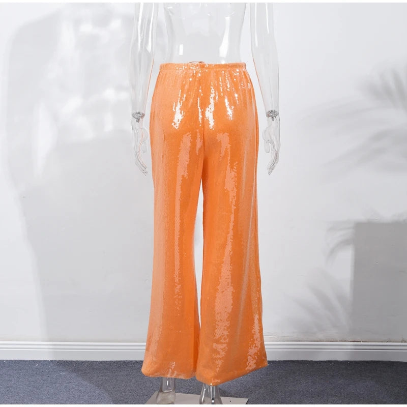 Loose Solid Color Sequin Pants Woman Cinched Waist Glitter Straight Baggy Long Pants Casual Street Chic Sparkle Women's Trousers