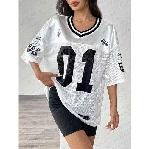 American Sports Fashion V-Neck T-Shirt Street Y2K Hip-Hop Jersey Women's Loose Breathable Quick Drying Casual Versatile Top