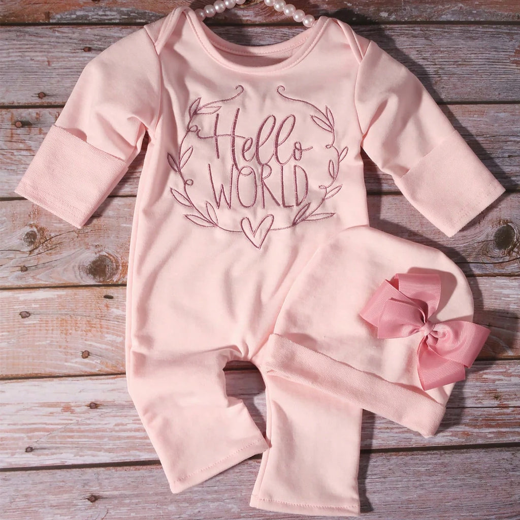 Ylsteed "Hello World" Embroidery Newborn Photography Props Infant Romper Jumpsuit with Bow Hat Baby Coming Home Outfit Baby Gift