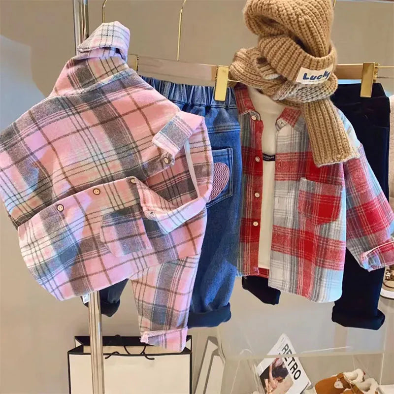 Autumn Children's clothes Girls Boys Casual Retro Lapel Shirt Long Sleeves Single-breasted Tops Blouses Plaid Shirts