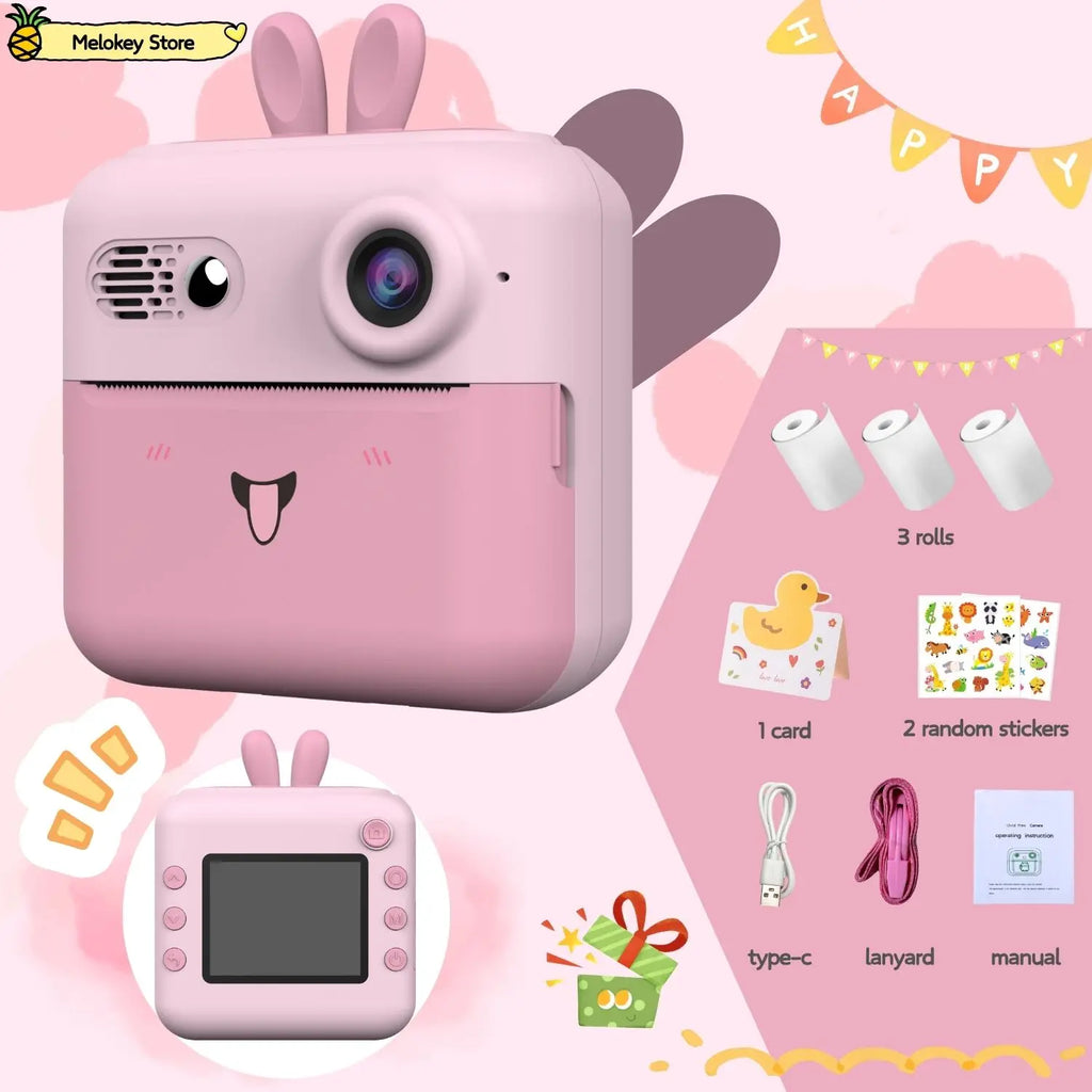 Kids Photo Camera Printer with Game Cute Bunny Mini Digital Video Child Instant Print Camera 4-12 Years Kids Girls Boyes Gifts