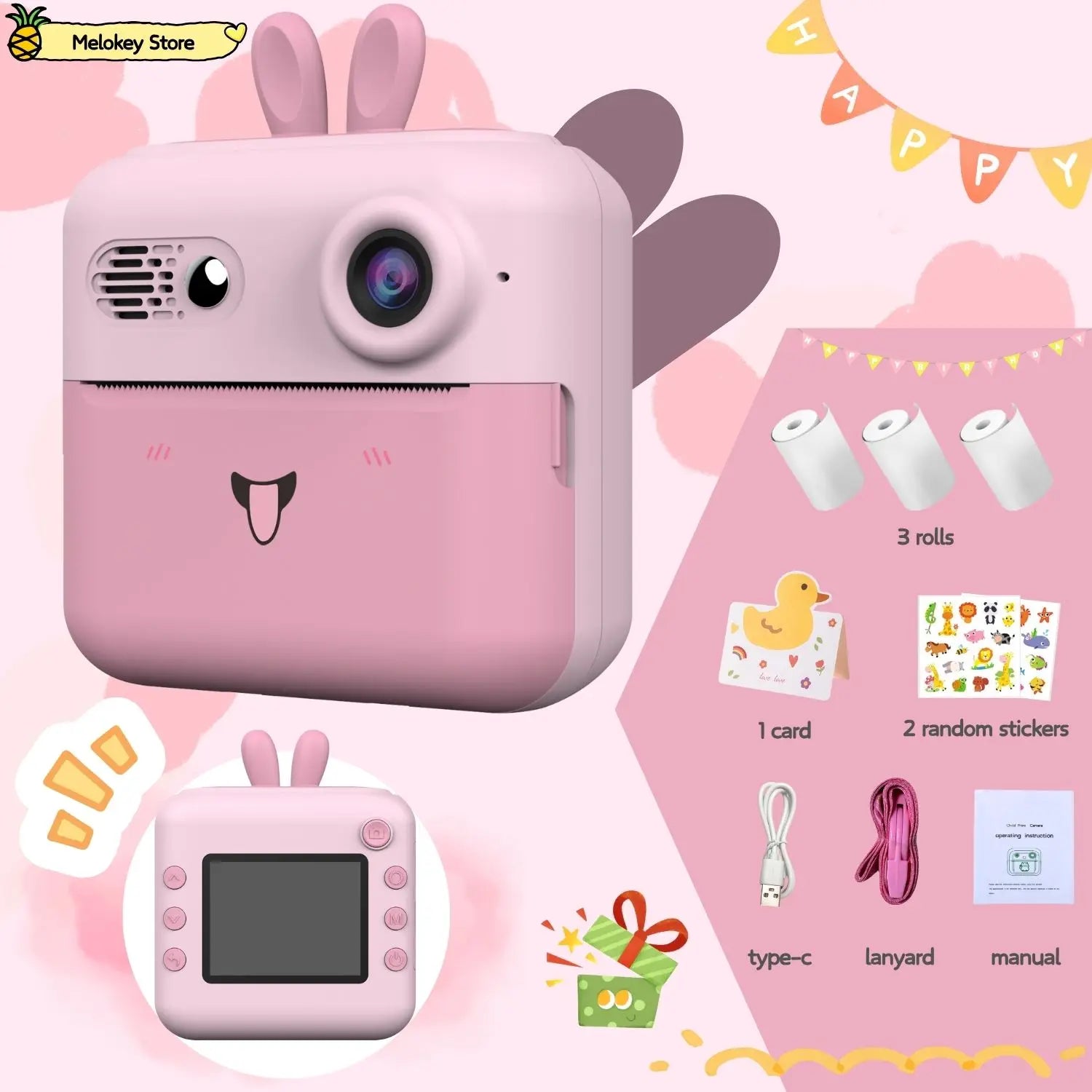 Kids Photo Camera Printer with Game Cute Bunny Mini Digital Video Child Instant Print Camera 4-12 Years Kids Girls Boyes Gifts