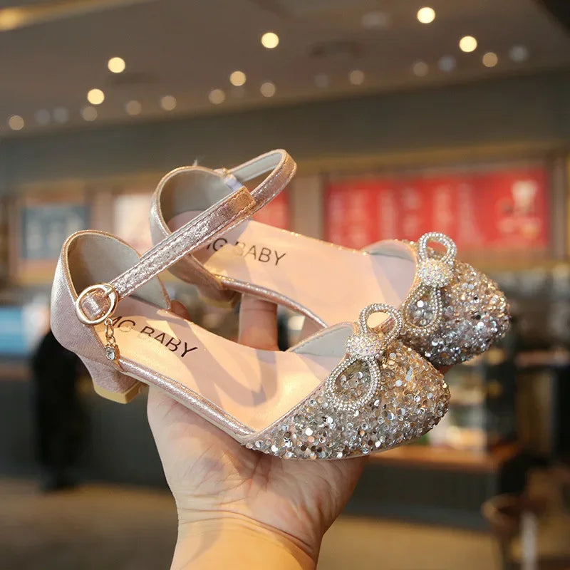 Girls High Heels for Kids Party Wedding Evening Dress Shoes 2026 Fashion Crystal Summer Princess Stockings Girl Sandals E02165