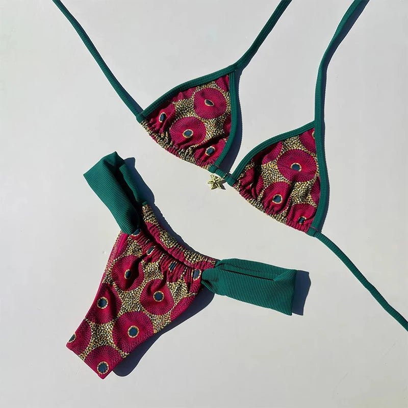 Bikinis Women Swimsuit Vintage Contrast Print Patchwork Design Sense Push Up Bikini Set Bathing Suit Swimming Beachwear 2 Piece