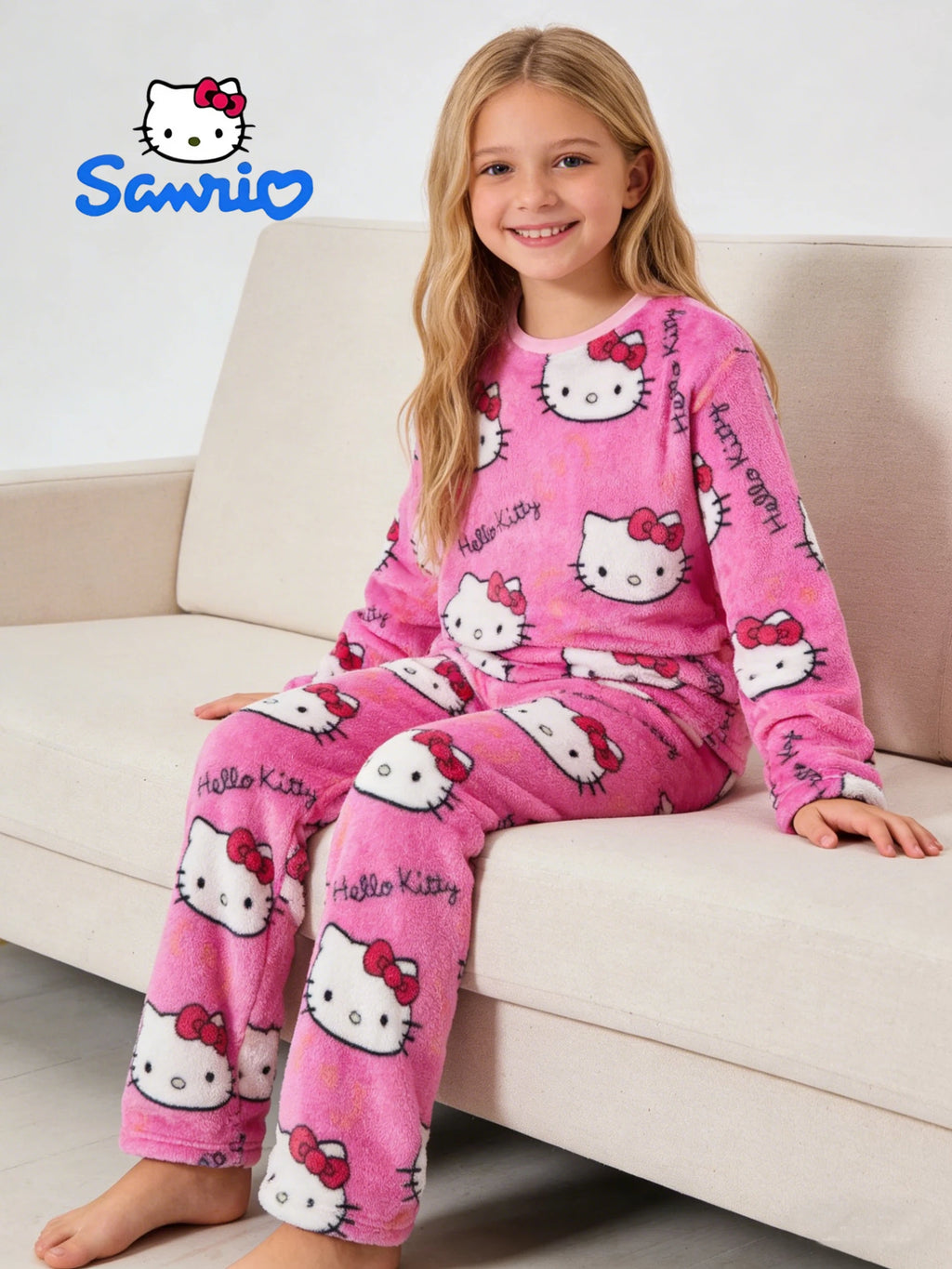 Sanrio girls' sleepwear and pants set for autumn and winter, Hello Kitty long sleeved pants with thick suede for home wear.