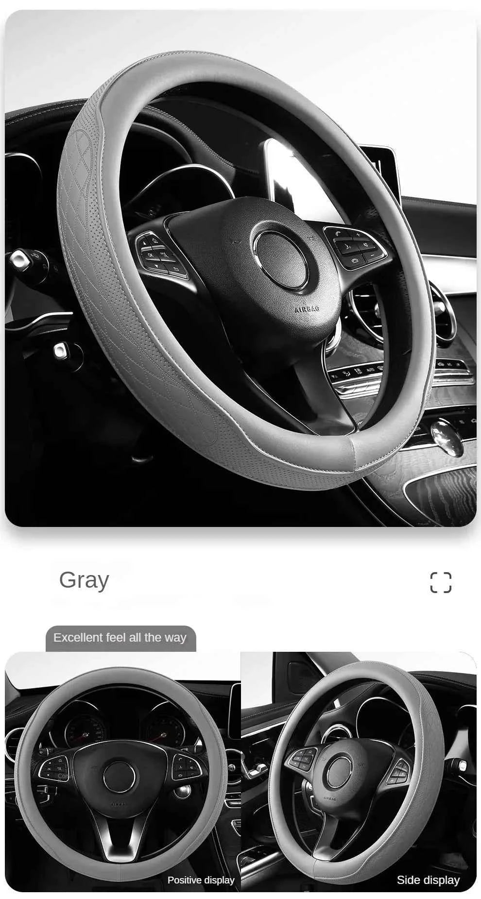 Embossed PU Leather Patchwork Car Steering Wheel Cover, Non-slip, Breathable, Universal 15 Inch (Approx. 38cm)