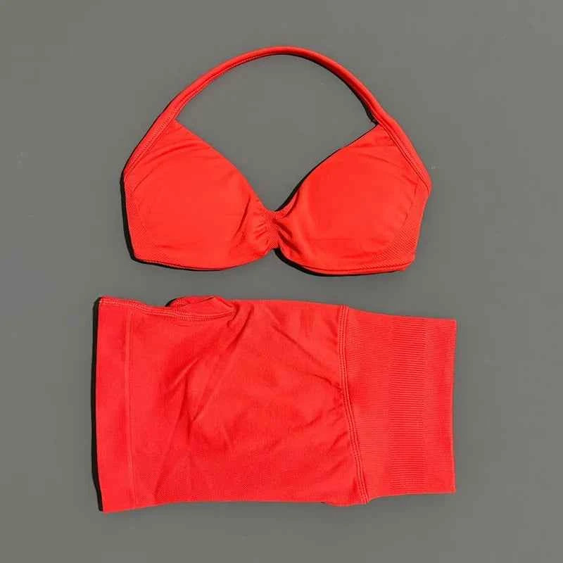 HISTELLO Gym Set 2 Piece Women Strappy Yoga Bra Top Workout Scrunch Shorts Sports Suit Fitness Clothes Seamless Yoga Set