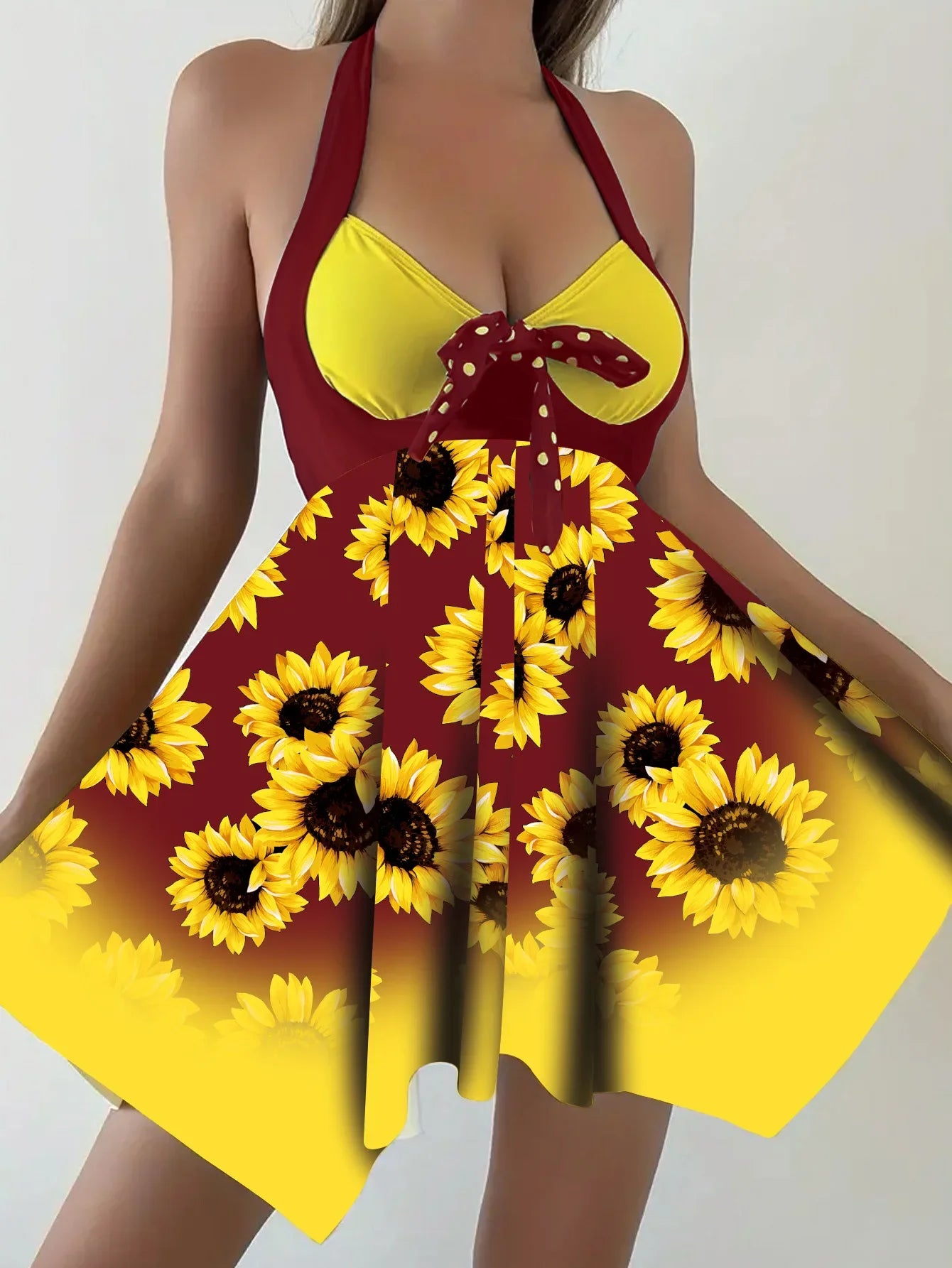 New 2025 Women's Two-Piece Bikini Set Yellow Sunflower Print Maxi Dress Style Swimsuit Floral Patterned Separate Swimsuit