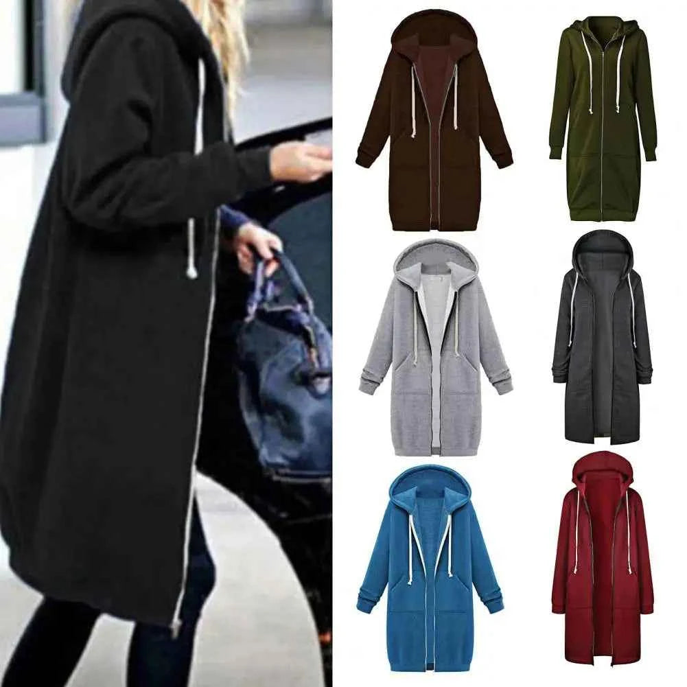 Plush Hooded Drawstring Women Jacket Thick Long Sleeves Zip Up Knee Length Autumn Coat Hooded Long Loose Winter Sweatshirt