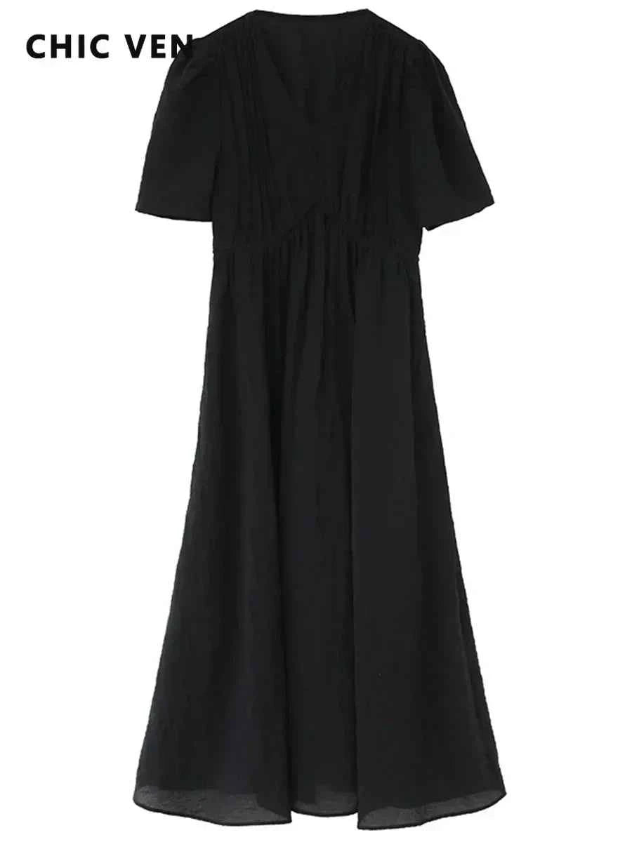 CHIC VEN Women Dresses French Style Vintage V-neck Puff Sleeve Long Dress Solid Black Loose Female Clothing Summer New 2023