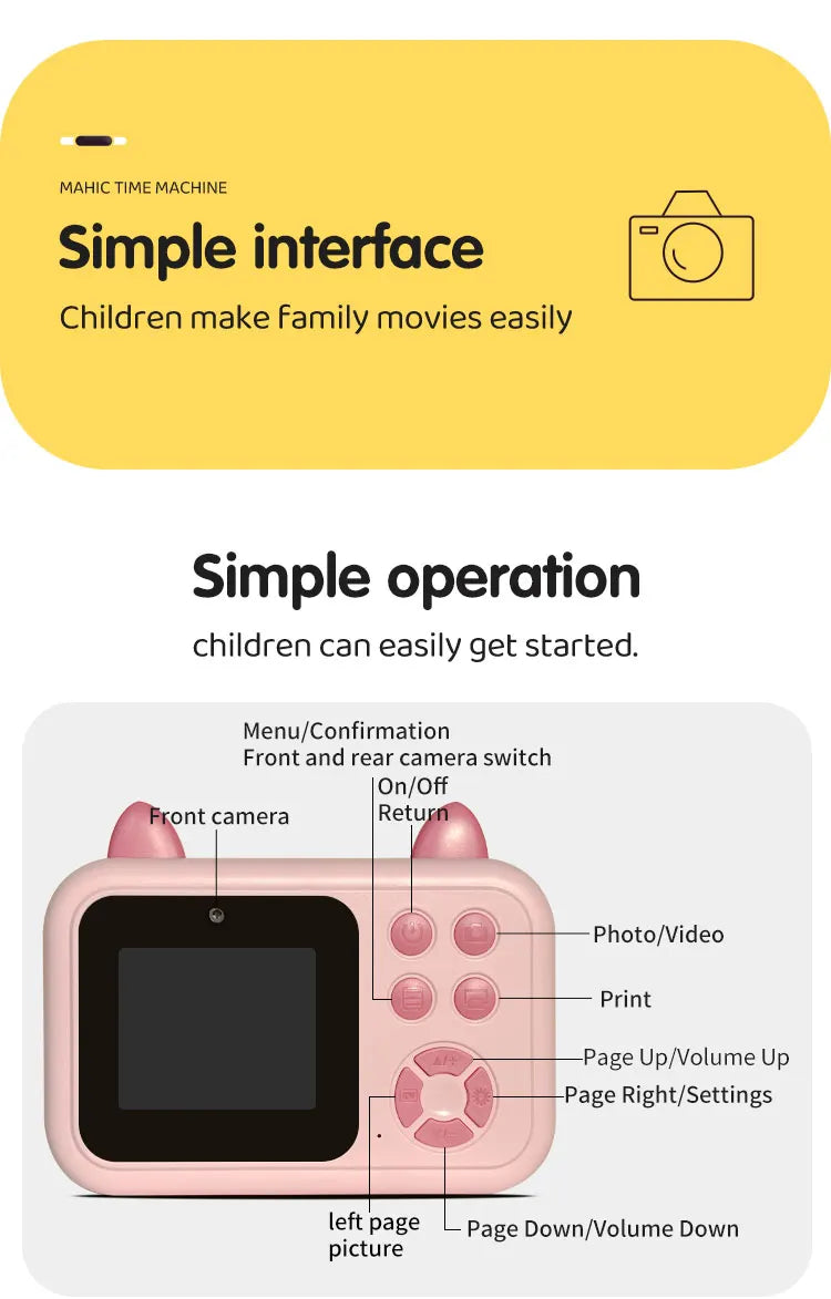 Kids' Camera Set, Instant Print Camera with Printing Function, Print Pictures, Portable Multi-Function Photo Printer Camera
