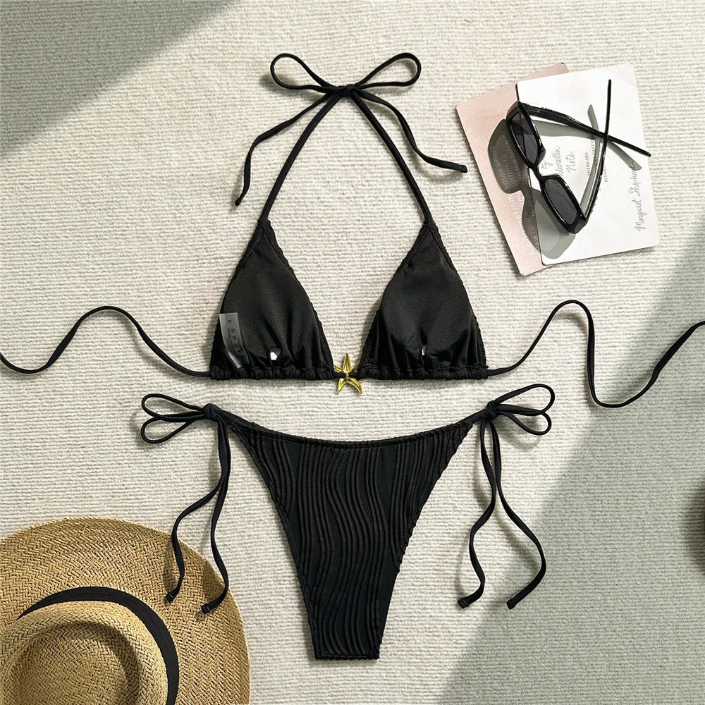 Sexy Black Ribbed Swimsuit Micro Thong String Halter Triangle Bikini Metal Starfish Swimwear 2026 Women Bathing Suit Bikinis Set