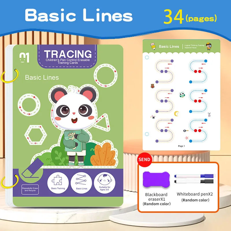 Reusable magic tracking workbook, suitable for children, drawing and control training, thick lines, educational diary, notebook