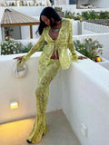 Print Y2K Mesh Long Sleeve Top Shirts Green and Maxi Skirt Bodycon Two Piece Sets Beach Outfits Women Club