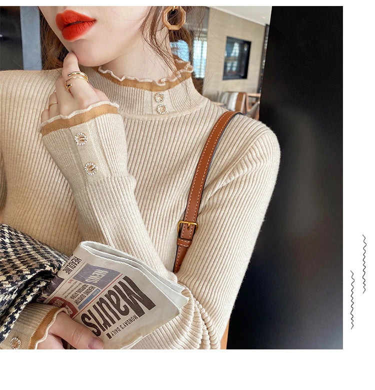 2026 Knitted Women Sweater O-neck Button Pullovers Autumn Winter Basic Sweaters for Female Pullover Slim Solid Bold Lace Tops