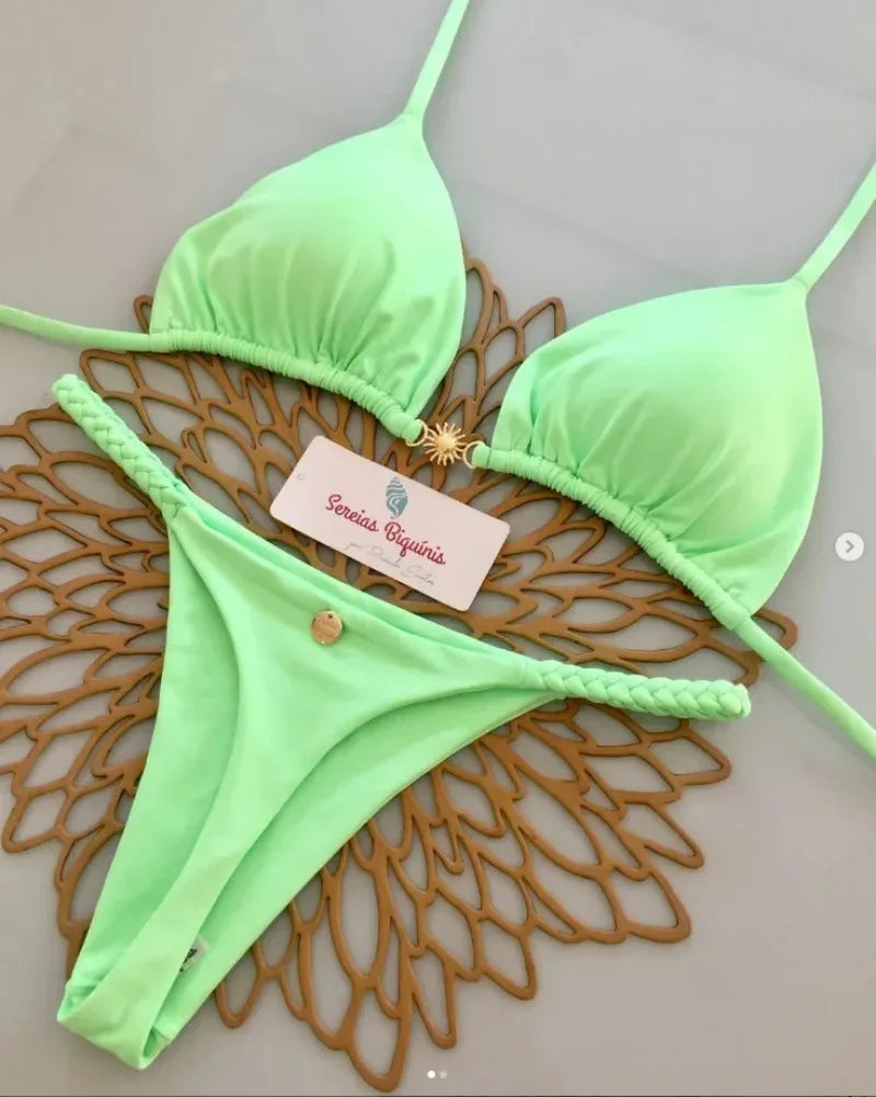 Print Sexy Bikini Sets Halter Lace-up Tops Thongs Beach Style Bathing Suit Y2k Swimsuits Women Beachwear Купальник Женский