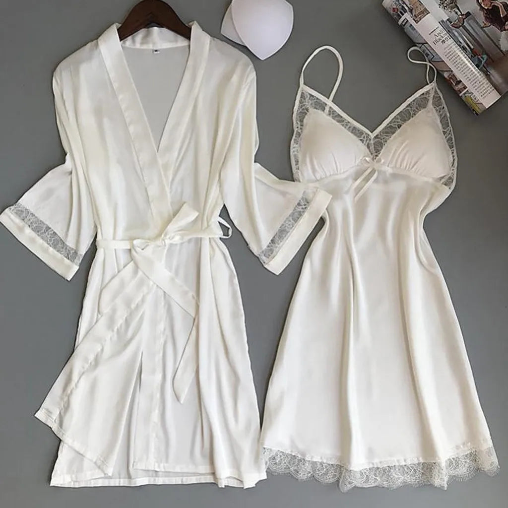 2pcs Women Pajamas Suit Silky Satin Nightgown Nightdress Set Lace Patchwork Lace-Up Women Bathrobe Sleepwear Set