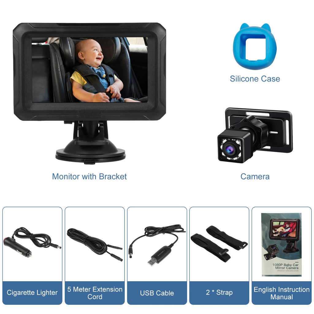Baby Car Mirror 1080P Monitor with Camera USB Plug 4.3" Baby Camera With Night Vision 150°Viewing Angle for Infants Kids Pets