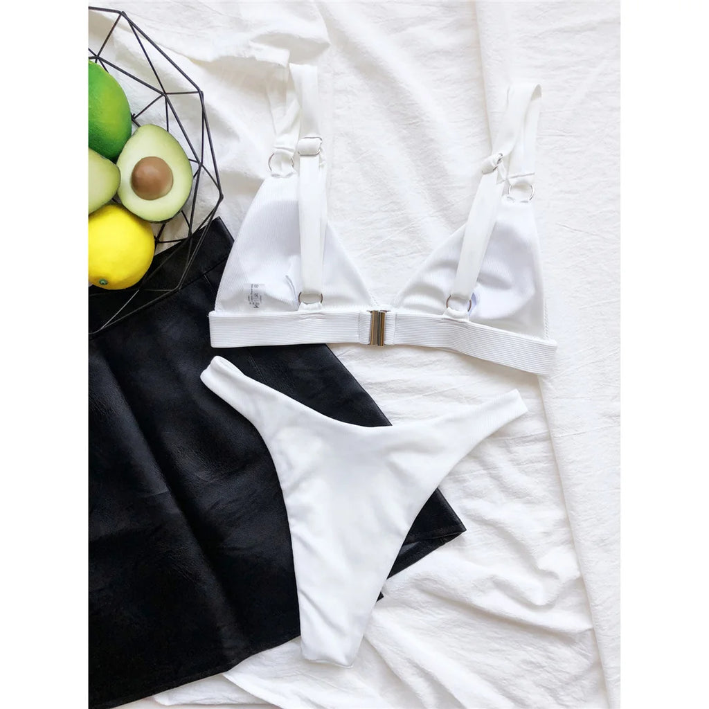 Sexy High Leg Cut Ribbed Bikini Women Swimwear Female Swimsuit Two-pieces Bikini set Padded Bather Bathing Suit Swim Lady V3255