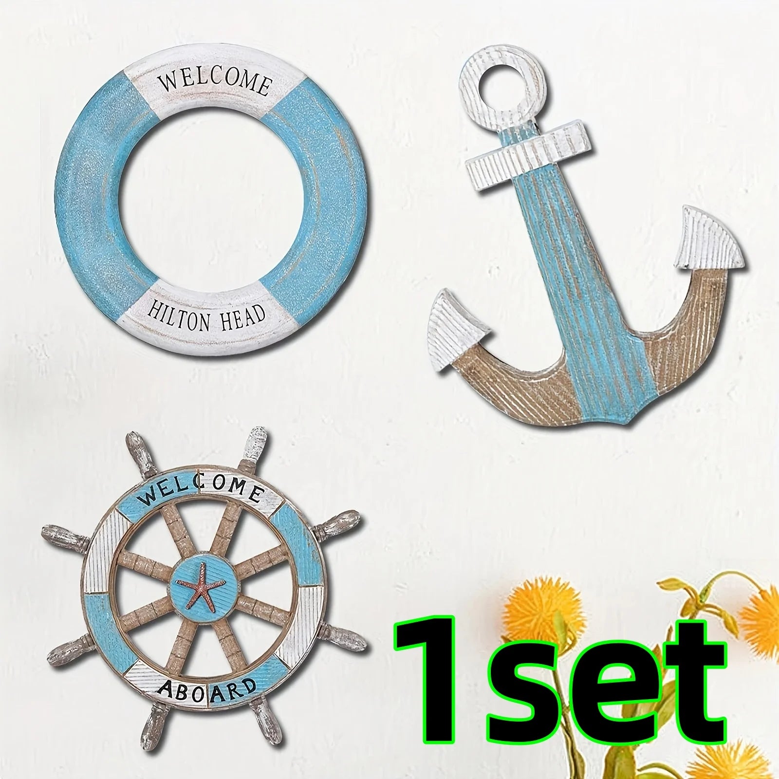 1 Set of Nautical-Themed Home Decor Wooden Anchors, Helms, and Lifebuoys Ocean-Themed Wall Hanging Decorations Indoor Nautical Decor Can Be Used for Wall Decoration at Outdoor Parties and Yard Gatherings