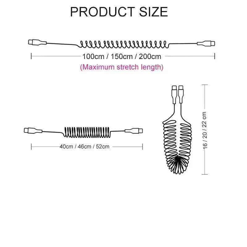 66W & LIGHTNING PD Fast Charging Type C to Type C Spring Telescopic Cable For iPhone 15 14 Samsung Xiaomi OnePlusCar USB Type C