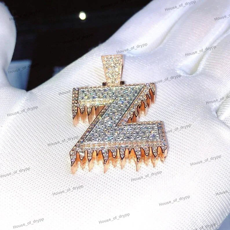 Silver Z Letter Pendant Necklace Moissanite Diamond Look Stones Hip Hop Alphabet Initial Fancy Iced Out Gift For Men Women