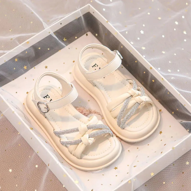 2026Summer Princess Girls Sandals Summer Children Beach Shoes Girls Open-toed Sandals Soft PU Leather Flat Kids Sandals For Girl